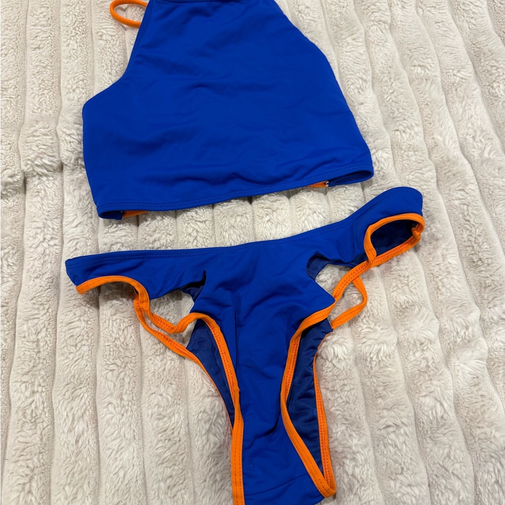 Royal Blue Two-Piece Swimsuit with Orange Trim